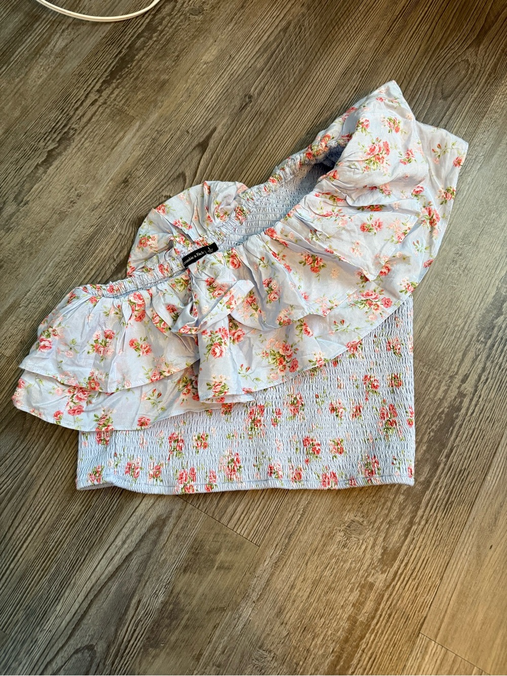 Abercrombie & Fitch White Floral One-Shoulder Ruffle Smocked Tank